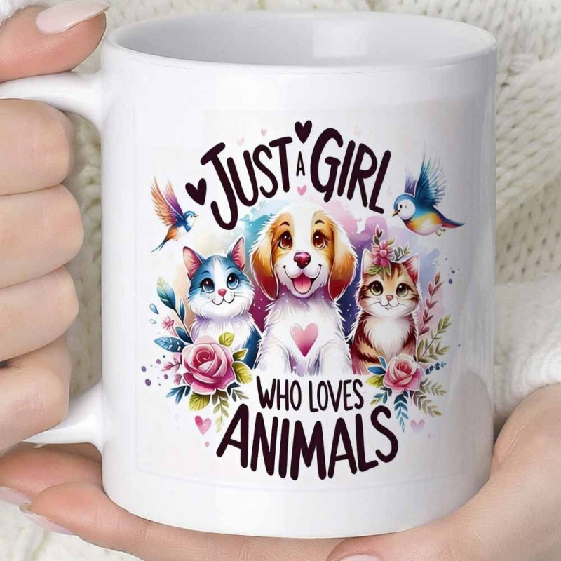 Tailorly White Ceramic 11 oz Mug - Just A Girl Who Loves Animals Cute Puppies And Kittens Decorated With Colorful Floral Accents Animals