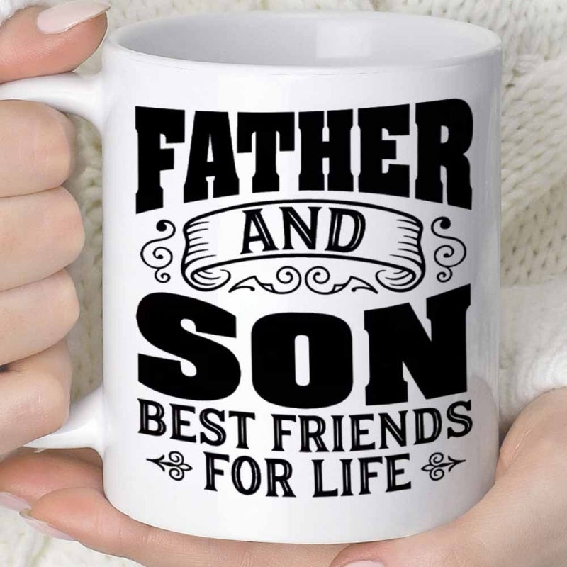 Tailorly White Ceramic 11 oz Mug - Father And Son Best Friends For Life Bold Typography Design With Vintage Banner And Swirl Accents