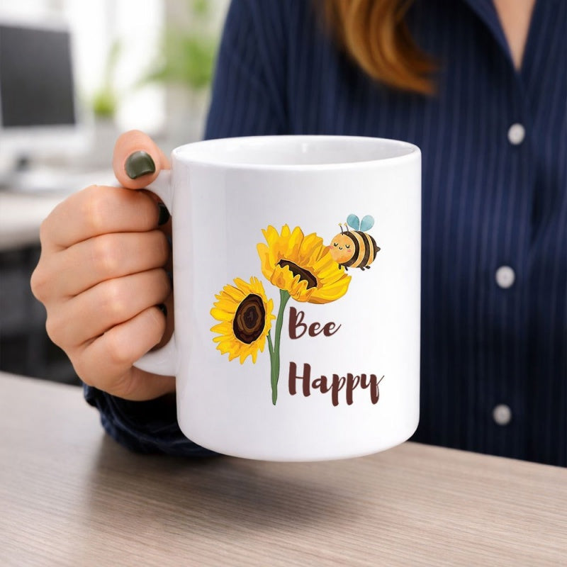 Tailorly White Ceramic 11 oz Mug - Bee Happy Vibrant Yellow Sunflowers And A Tiny Cute Cartoon Honey Bee Sunflower