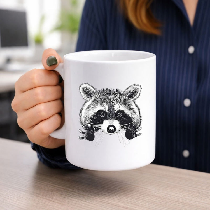 Tailorly White Ceramic 11 oz Mug - Black And White Hand Drawn Sketch Showing A Curious Woodland Animal Raccoon