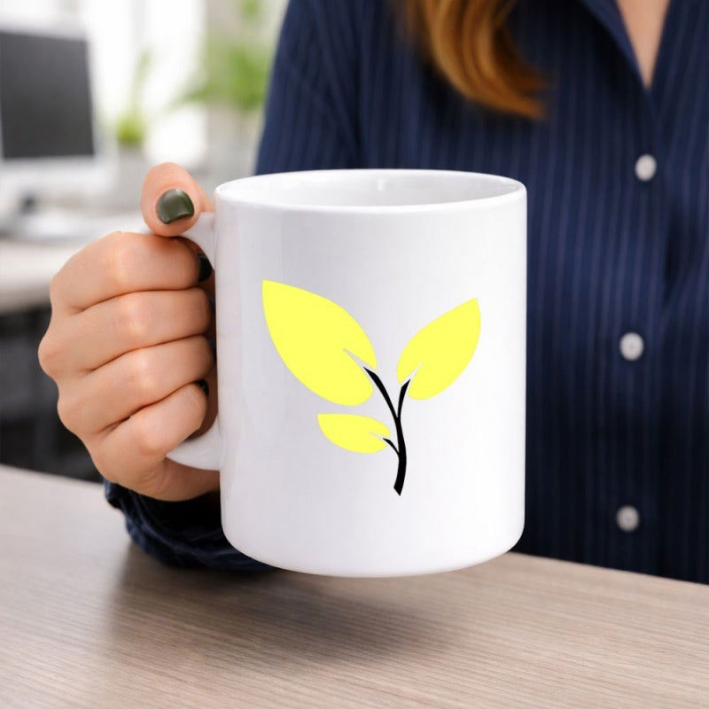 Tailorly White Ceramic 11 oz Mug - Minimalist Yellow Sprout Featuring Three Vibrant Petals On Black Stem Leaves