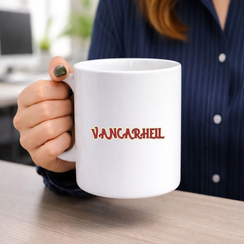 Tailorly White Ceramic 11 oz Mug - Vancarhell Minimalist Classic White Porcelain Coffee Cup Held In A Hand Mug