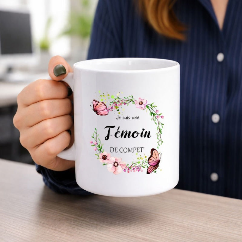 Tailorly White Ceramic 11 oz Mug - Elegant Floral Wreath Featuring Pink Blossoms And Graceful Hand Painted Butterfly