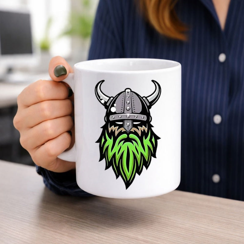 Tailorly White Ceramic 11 oz Mug - Brave Warrior With Horned Metal Helmet And Vibrant Neon Green Beard Viking