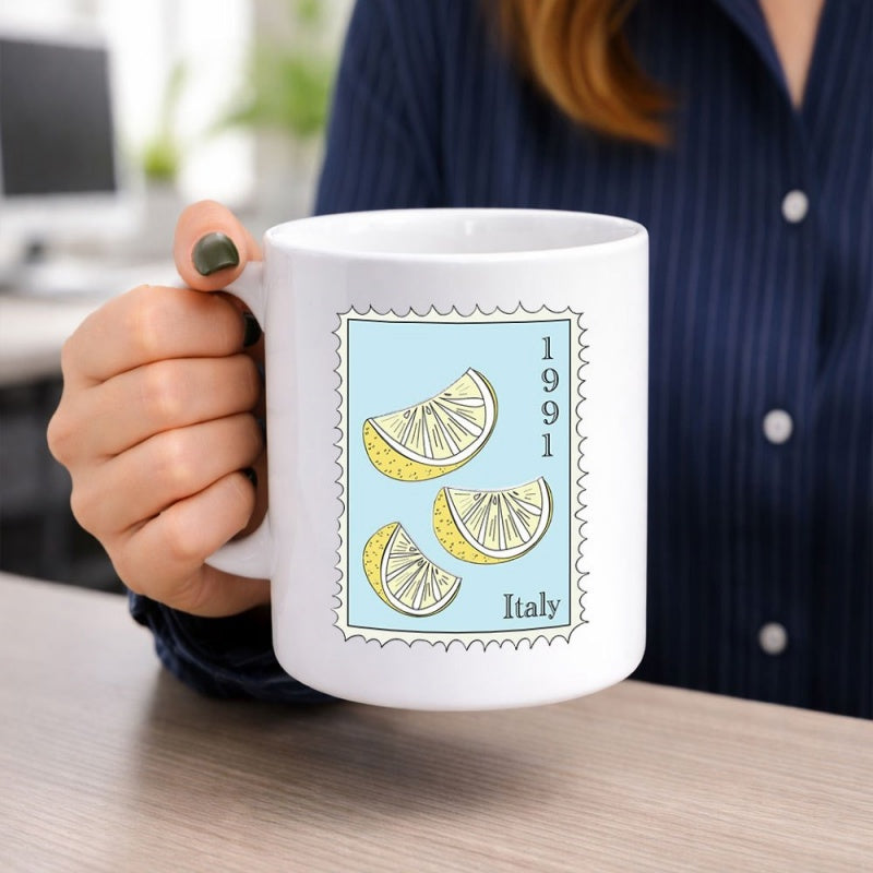 Tailorly White Ceramic 11 oz Mug - Italy Vibrant Yellow Sliced Lemon Pieces Within Blue Postage Frame Stamp