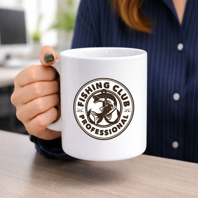 Tailorly White Ceramic 11 oz Mug - Fishing Club Professional Circular Badge Design Featuring Jumping Bass And Anchored Hook Fish