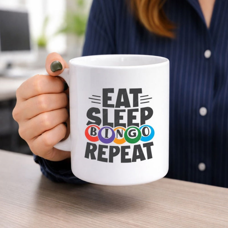 Tailorly White Ceramic 11 oz Mug - Eat Sleep Bingo Repeat Featuring Colorful Game Night Circles With Artistic Lettering Bingo
