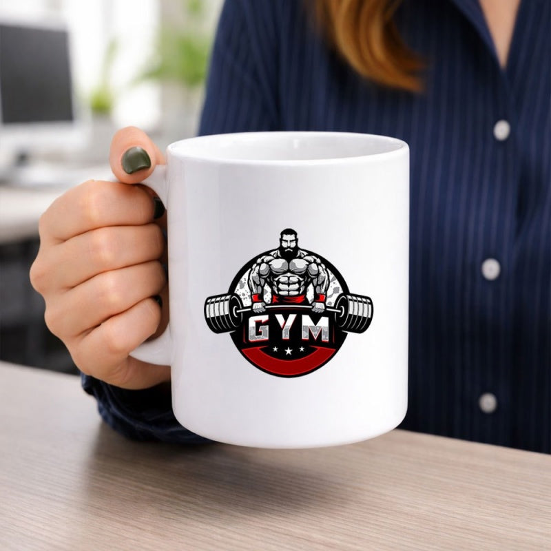 Tailorly White Ceramic 11 oz Mug - Gym Powerful Muscular Man Lifting Heavy Barbell Inside Red Circular Badge Bodybuilder