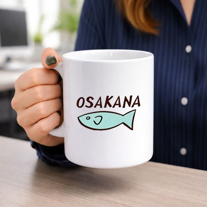 Tailorly White Ceramic 11 oz Mug - Osakana Simple Minimalist Hand Drawn Style With Cute Small Blue Aquatic Fish