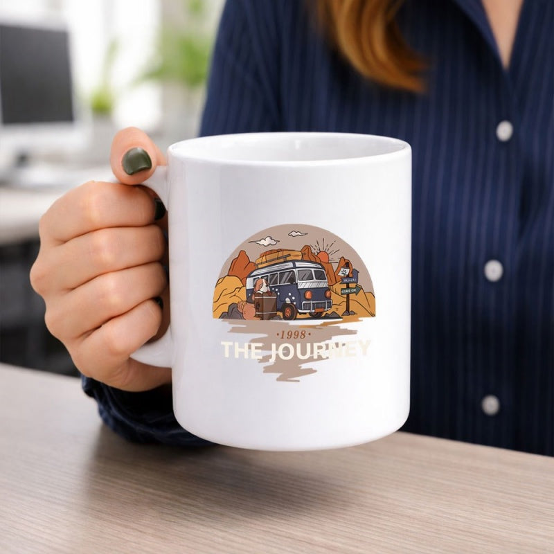 Tailorly White Ceramic 11 oz Mug - The Journey Vintage Camper Parked In Desert Landscape Under Warm Setting Sun Van