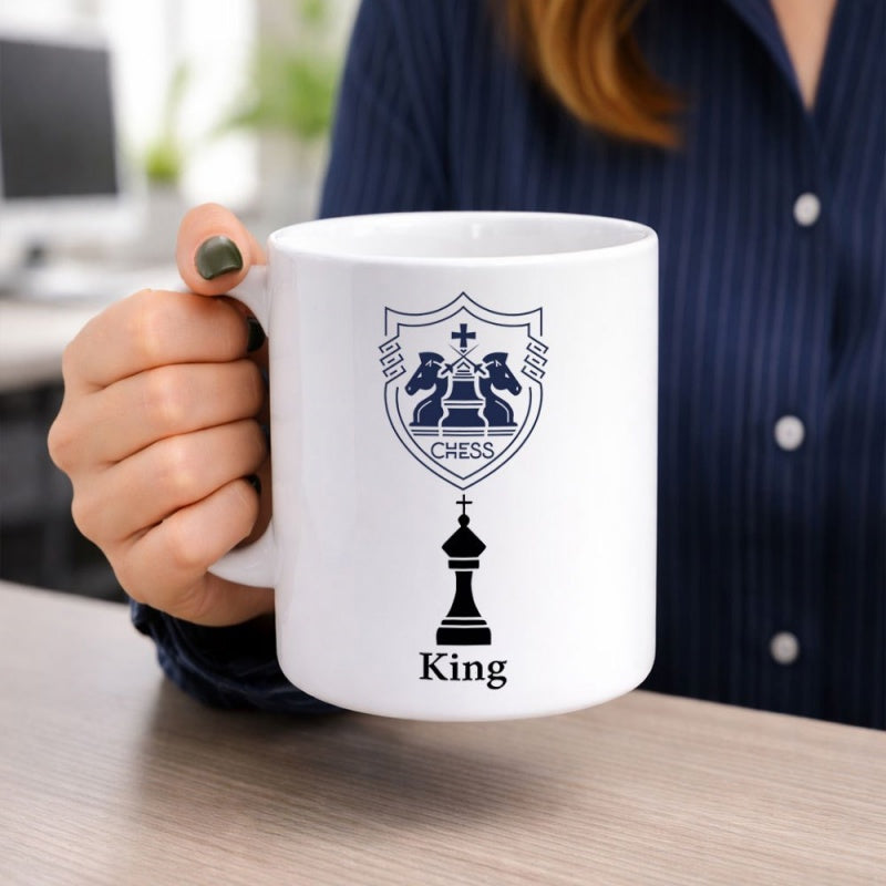 Tailorly White Ceramic 11 oz Mug - Chess King Classic Chess Knight Shield Emblem Above A Standing Solid Black King