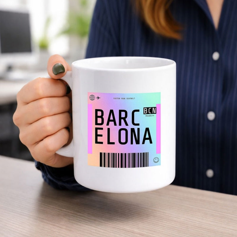 Tailorly White Ceramic 11 oz Mug - Barcelona BCN Pastel Gradient Boarding Pass Tag With Barcode And Modern Design Mug