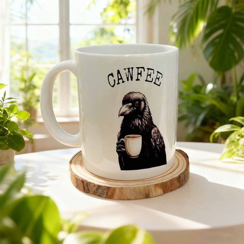 Tailorly White Ceramic 11 oz Mug - Cawfee Majestic Black Raven Holding A Small White Coffee Cup Crow