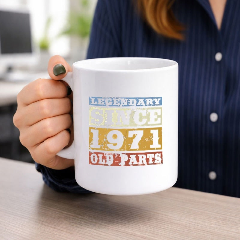 Tailorly White Ceramic 11 oz Mug - Legendary Since 1971 Old Parts Vintage Distressed Rectangular Blocks With Bold Text On Pure