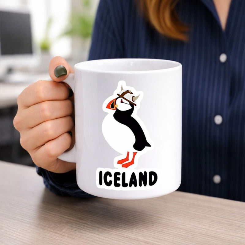 Tailorly White Ceramic 11 oz Mug - Iceland Cartoon Bird Wearing A Viking Helmet Standing On Two Legs Puffin