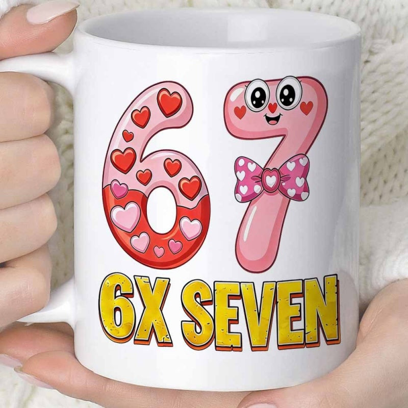 Tailorly White Ceramic 11 oz Mug - 6X SEVEN Adored With Hearts And Pink Bow Ribbon Character Number Pair Mug