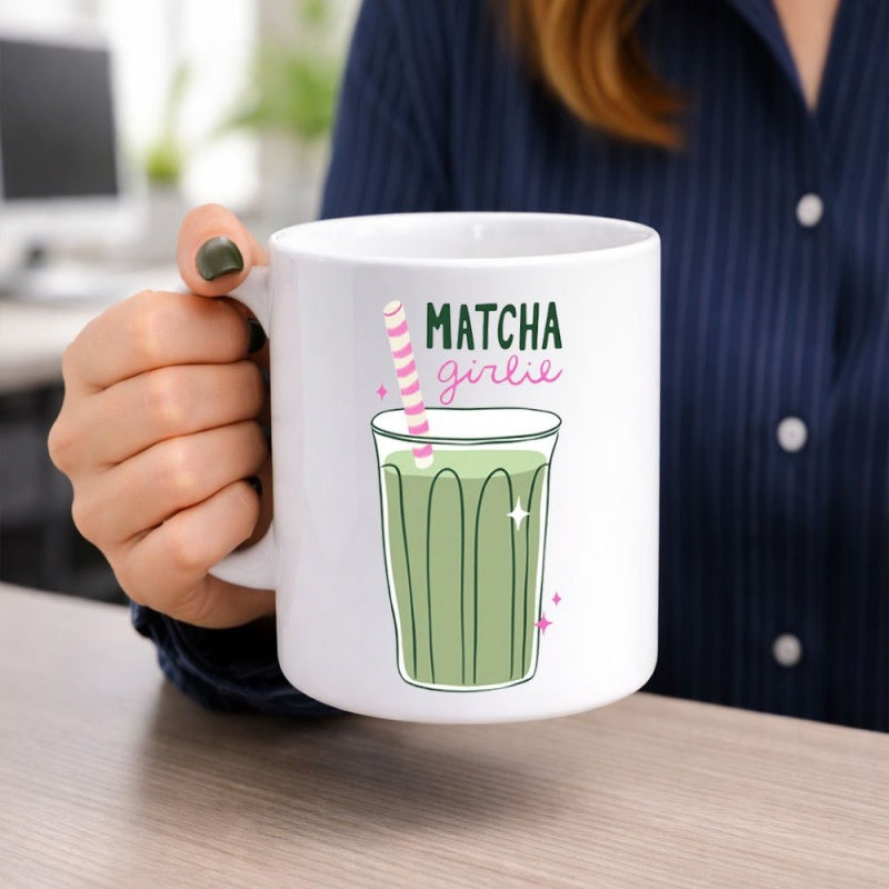 Tailorly White Ceramic 11 oz Mug - Matcha Girlie Refreshing Green Tea Drink With Pink Striped Straw And Sparkles Matcha