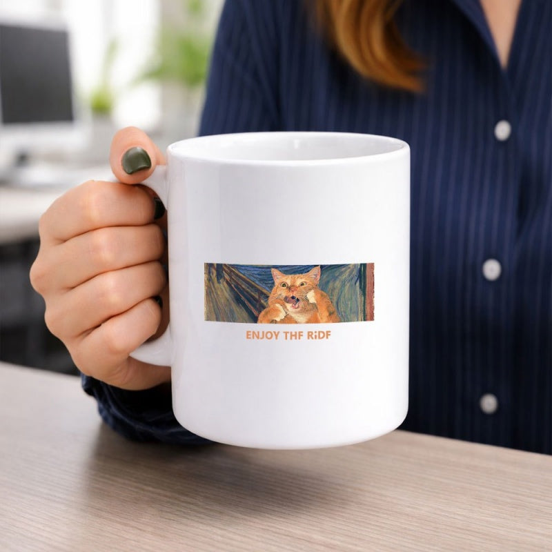 Tailorly White Ceramic 11 oz Mug - Enjoy The Ride Funny Ginger Cat Screaming In Front Of Swirling Sky Cat