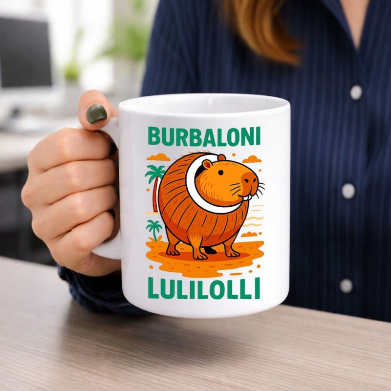 Tailorly White Ceramic 11 oz Mug - Burbaloni Lulilolli Cartoon Capybara On Tropical Beach With Palm Trees And Ocean Waves Capybara