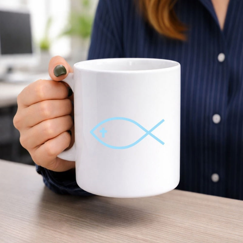 Tailorly White Ceramic 11 oz Mug - Minimalist Blue Outline Religious Symbol On Smooth White Ceramic Fish