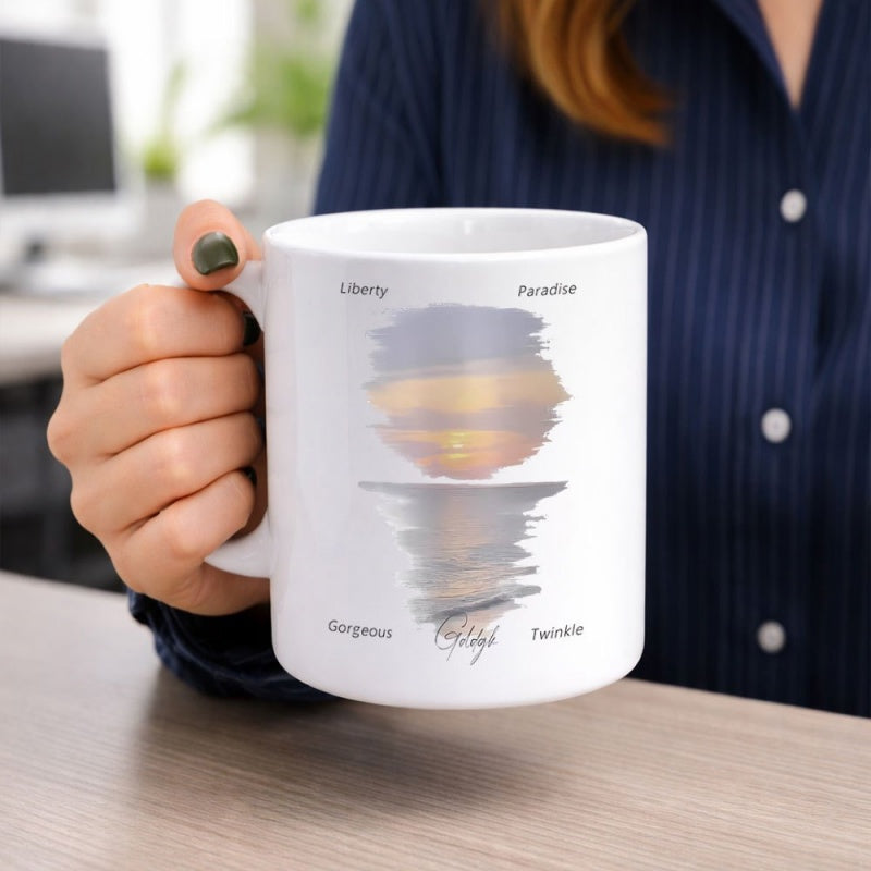 Tailorly White Ceramic 11 oz Mug - Liberty Paradise Gorgeous Twinkle Golden Horizon Glowing Across Still Water Within Artistic Brushstroke Frame Sunset