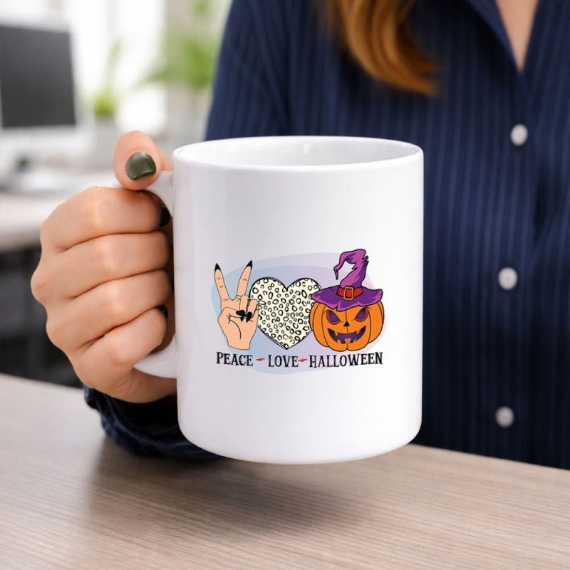 Tailorly White Ceramic 11 oz Mug - Peace Love Halloween Spooky Festive Icons With Purple Witch Hat And Doodle Heart Pumpkin