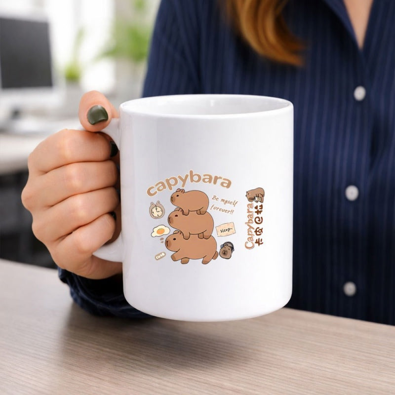 Tailorly White Ceramic 11 oz Mug - Capybara Be Myself Forever Three Stacked Brown Animals In Cute Minimalist Cartoon Style Capybara