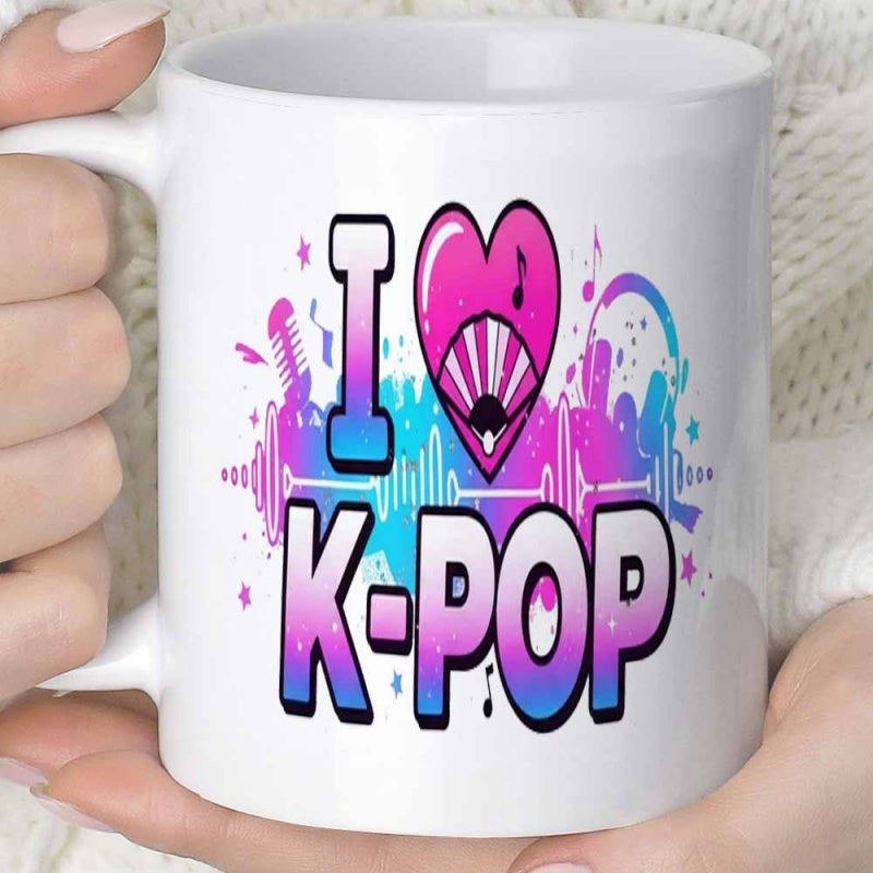 Tailorly White Ceramic 11 oz Mug - I K Pop Vibrant Music Elements With Headphones And Gradient Stylized Heart