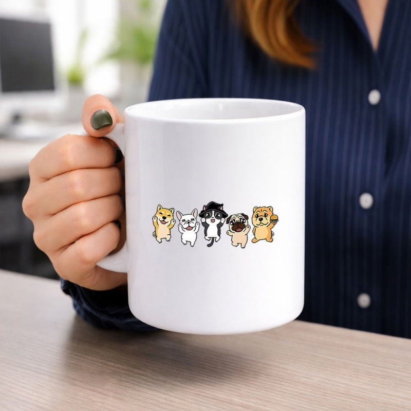 Tailorly White Ceramic 11 oz Mug - Five Adorable Hand Drawn Cartoon Puppies Standing In A Row Dog