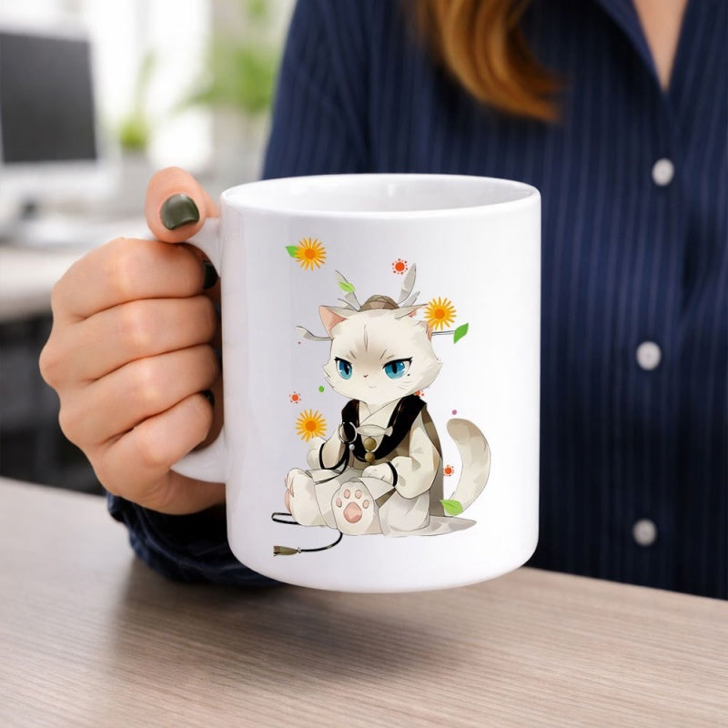 Tailorly White Ceramic 11 oz Mug - Adorable Fluffy Feline In Traditional Attire Surrounded By Small Yellow Petals Cat