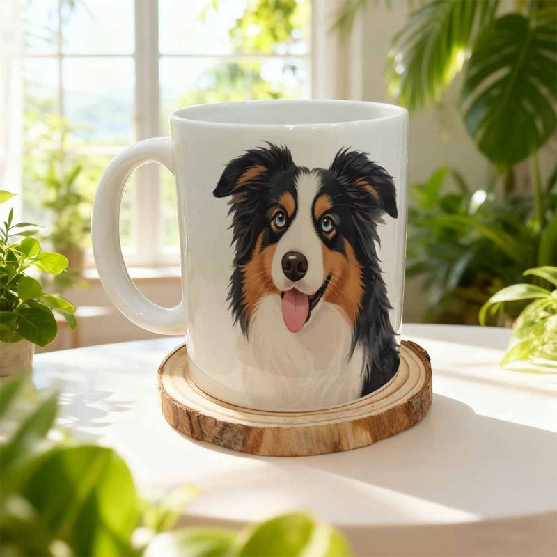 Tailorly White Ceramic 11 oz Mug - Artistic Portrait Of A Smiling Australian Shepherd Resting In A Bright Sunlit Room Dog