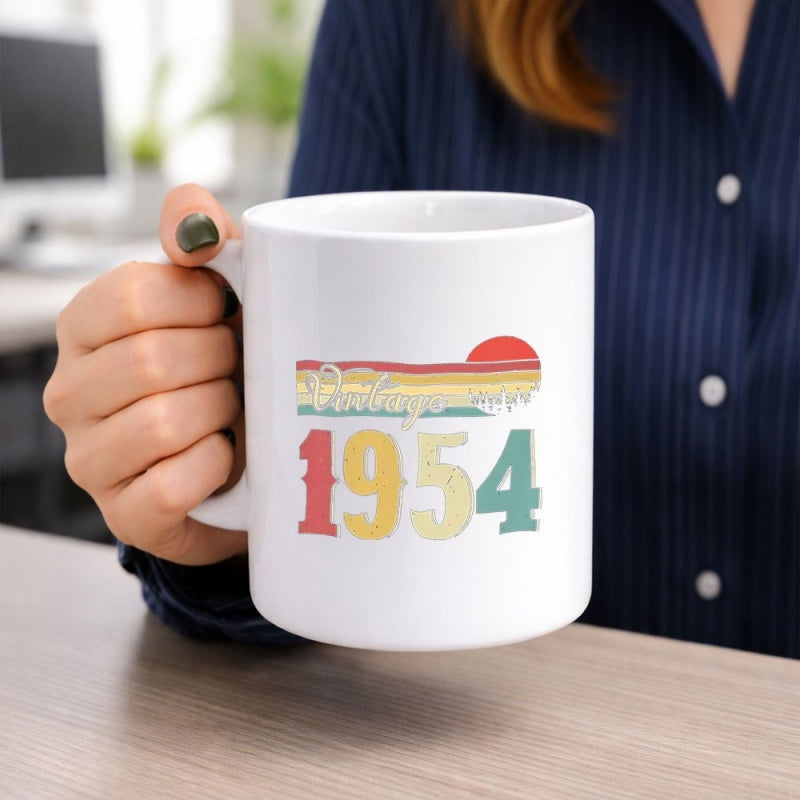 Tailorly White Ceramic 11 oz Mug - Vintage 1954 Retro Sunset Stripes With Colorful Gradient Lines And Weathered Mug