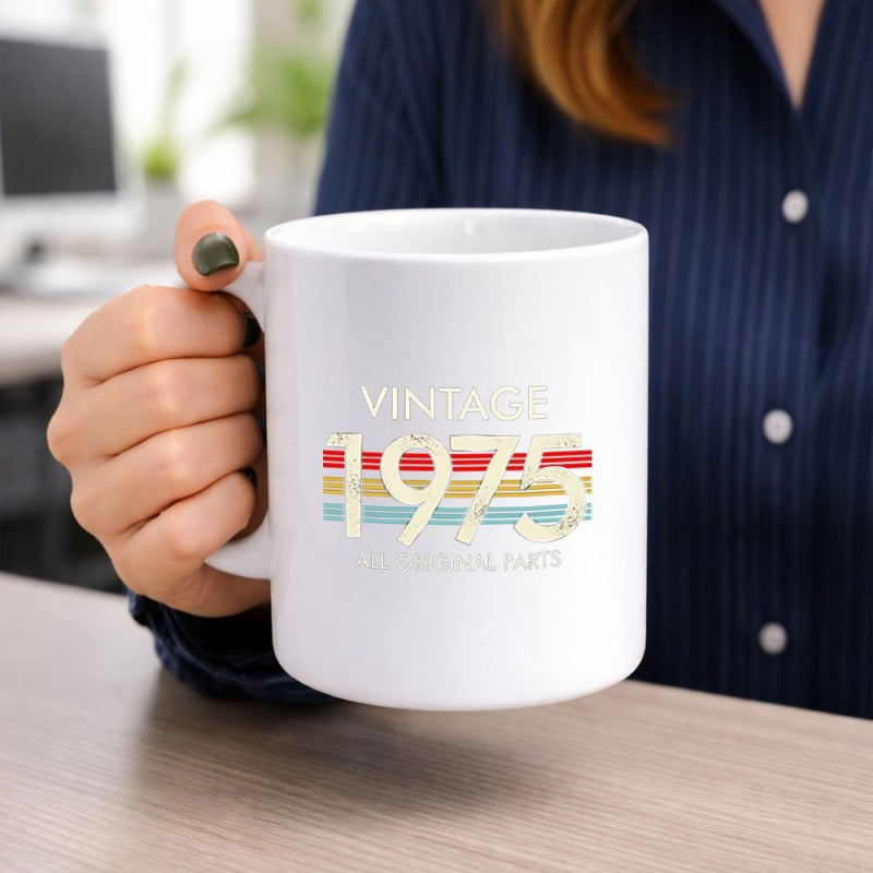 Tailorly White Ceramic 11 oz Mug - Vintage 1975 All Original Parts Retro Horizontal Stripes With Distressed Textured Numbers Mug