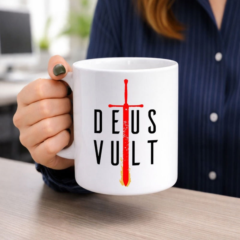 Tailorly White Ceramic 11 oz Mug - Deus Vult Vibrant Red Medieval Blade Centered Among Bold Black Capital Letters Sword