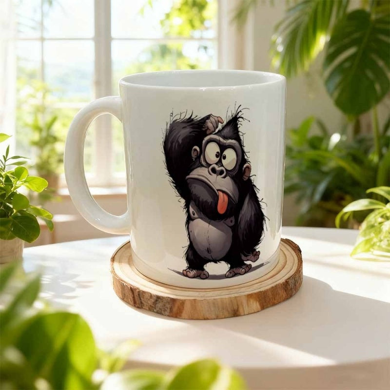Tailorly White Ceramic 11 oz Mug - Funny Cartoon Ape Scratching Head Sticking Out Tongue With Playful Expression Gorilla