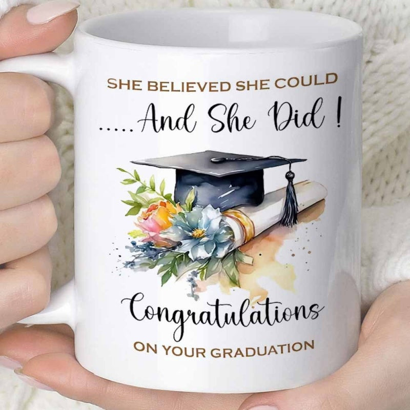Tailorly White Ceramic 11 oz Mug - She Believed She Could And She Did Congratulations On Your Graduation Watercolor Mortarboard Decorated With Colorful Flowers And