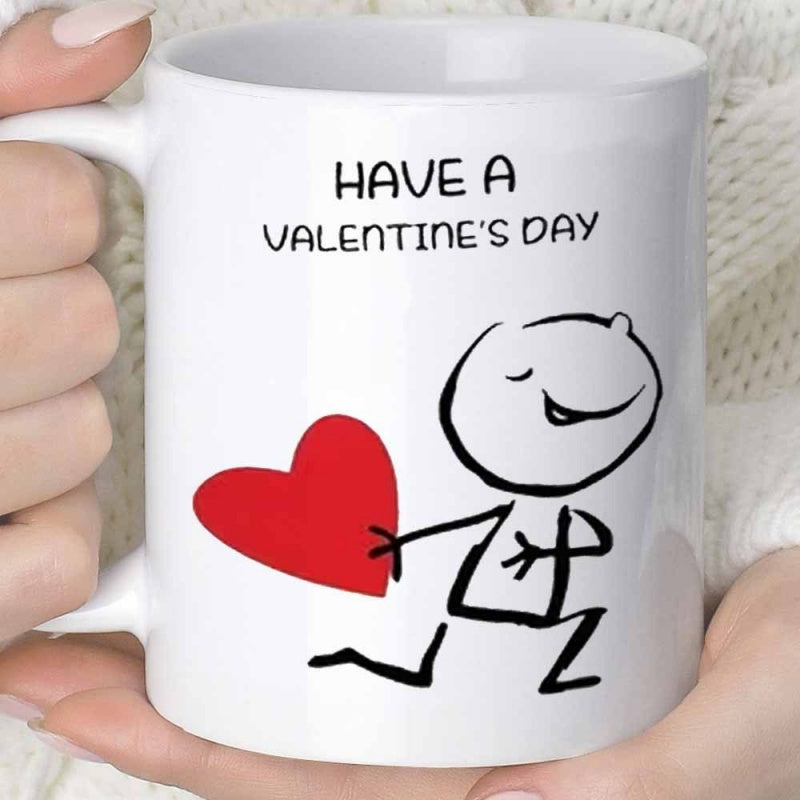 Tailorly White Ceramic 11 oz Mug - Have A Valentine's Day Running Minimalist Doodle Character Carrying A Large Red Love Heart Stickman