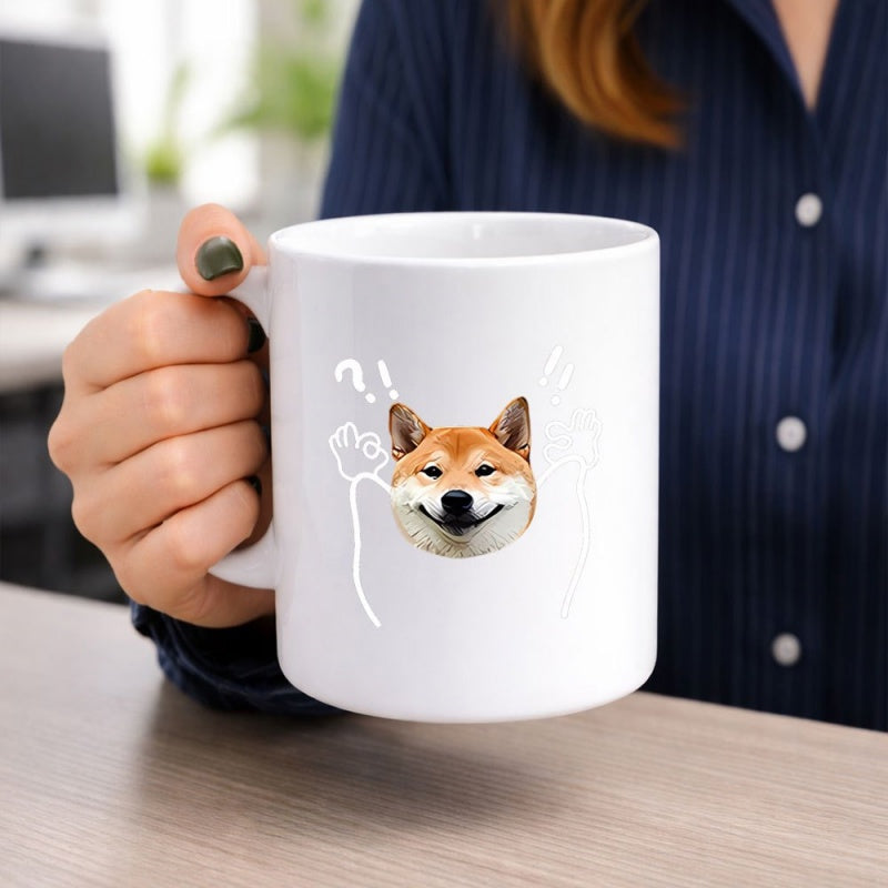Tailorly White Ceramic 11 oz Mug - Adorable Smiling Dog Head With Playful White Line Art Symbols Shiba Inu