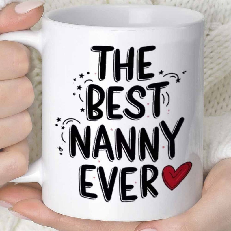 Tailorly White Ceramic 11 oz Mug - The Best Nanny Ever Hand Drawn Text With Decorative Stars And Heart Mug