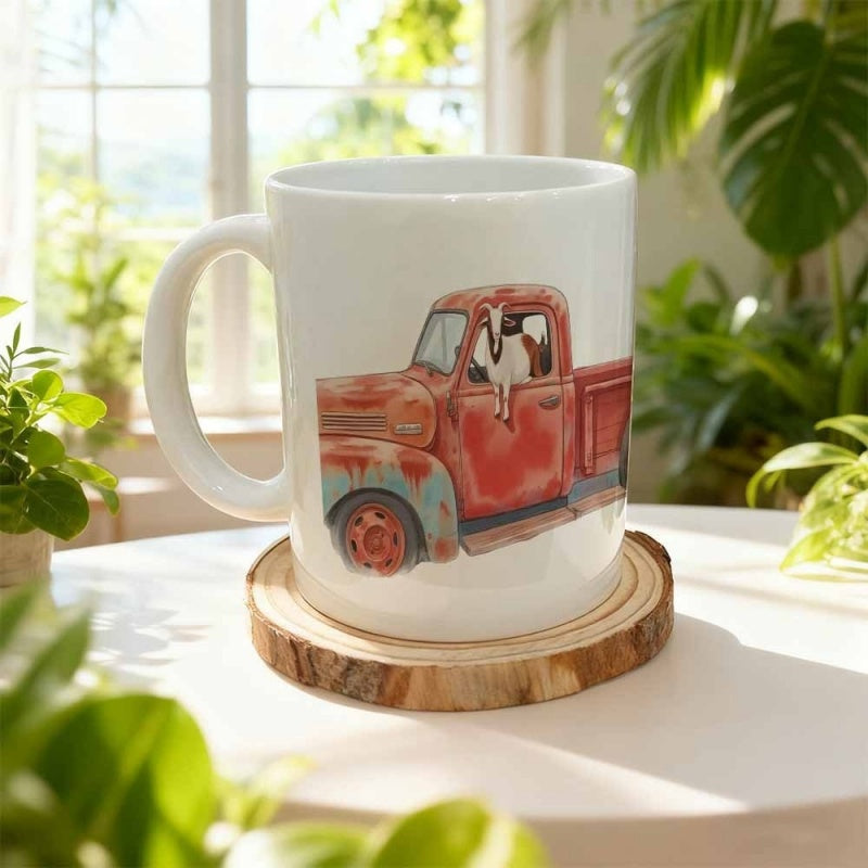 Tailorly White Ceramic 11 oz Mug - Classic Red Rusty Farmhouse Pickup With A Curious Farm Goat Truck