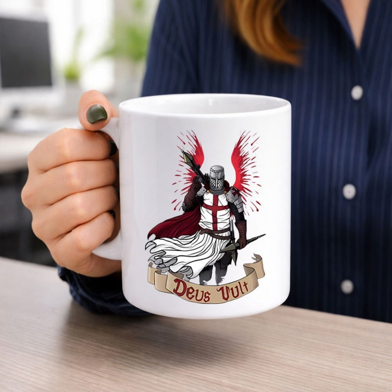 Tailorly White Ceramic 11 oz Mug - Deus Vult Courageous Crusader Warrior With Majestic Red Wings And Sacred Cross Knight