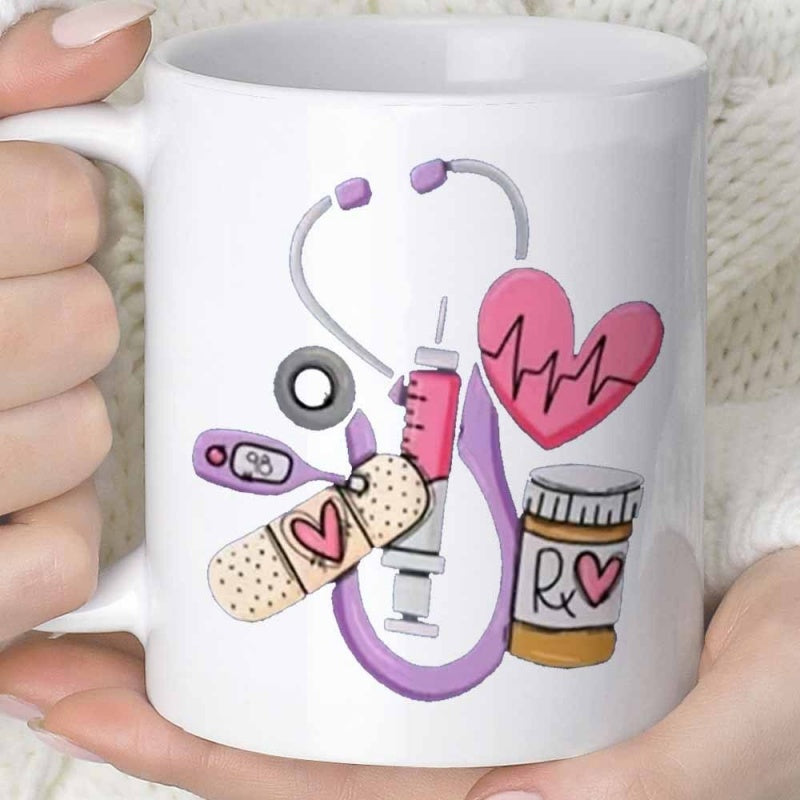 Tailorly White Ceramic 11 oz Mug - Rx Colorful Medical Illustrations Including A Heart Syringe Pill Bottle And A Stethoscope