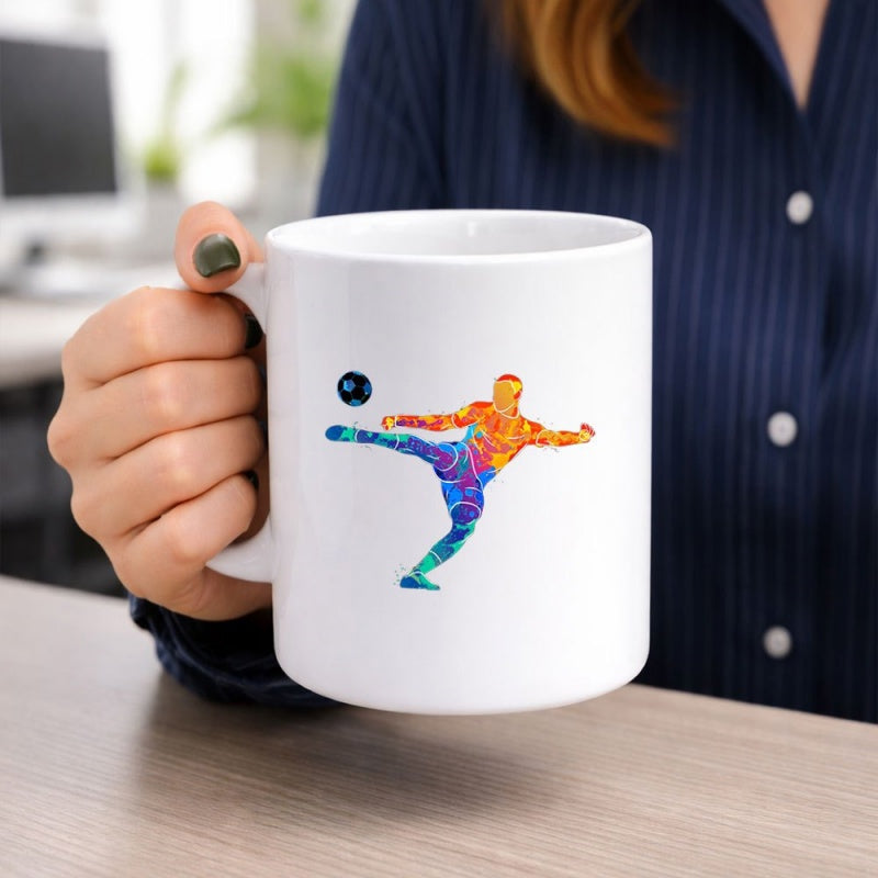Tailorly White Ceramic 11 oz Mug - Colorful Abstract Watercolor Silhouette Performing A Dynamic Mid Air Bicycle Kick Player