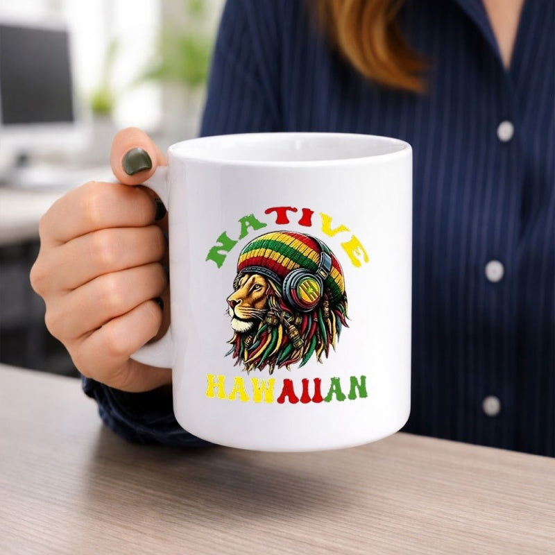 Tailorly White Ceramic 11 oz Mug - Native Hawaiian Cool Rastafarian Wearing A Beanie And Headsets Among Colorful Graphics Lion