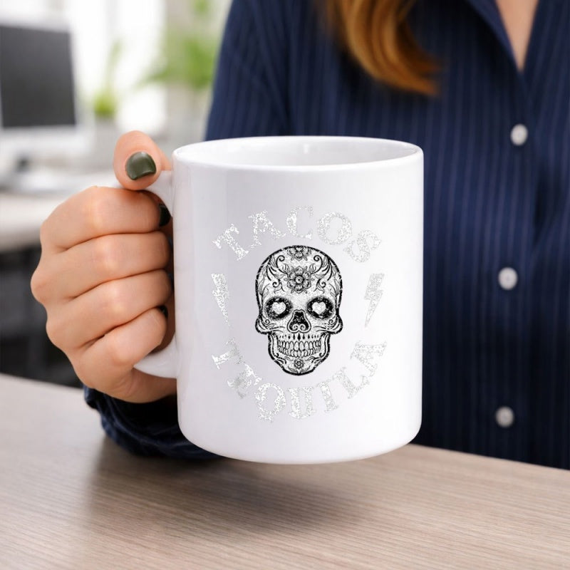 Tailorly White Ceramic 11 oz Mug - Tacos Tequila Intricate Ornate Mexican Sugar Design With Floral Patterns And Hearts Skull