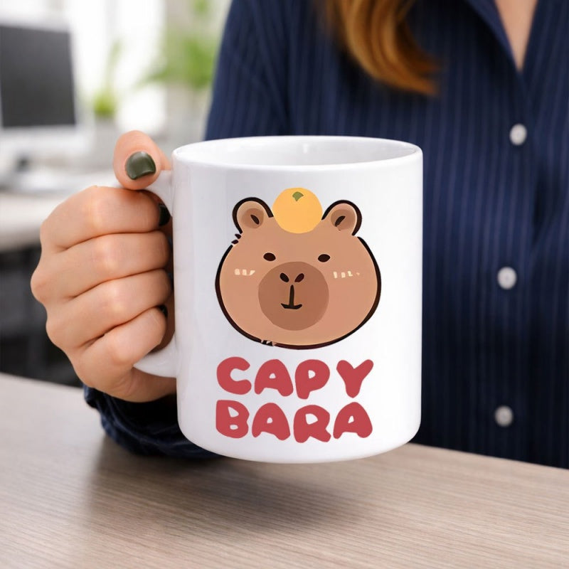 Tailorly White Ceramic 11 oz Mug - Capy Bara Adorable Brown Cartoon Animal Head With Orange Fruit Atop Capybara