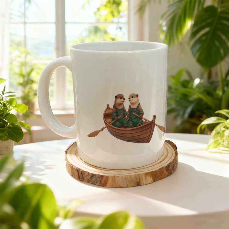 Tailorly White Ceramic 11 oz Mug - Two Adorable Otters Rowing A Small Wooden Boat In Calm Water Otter