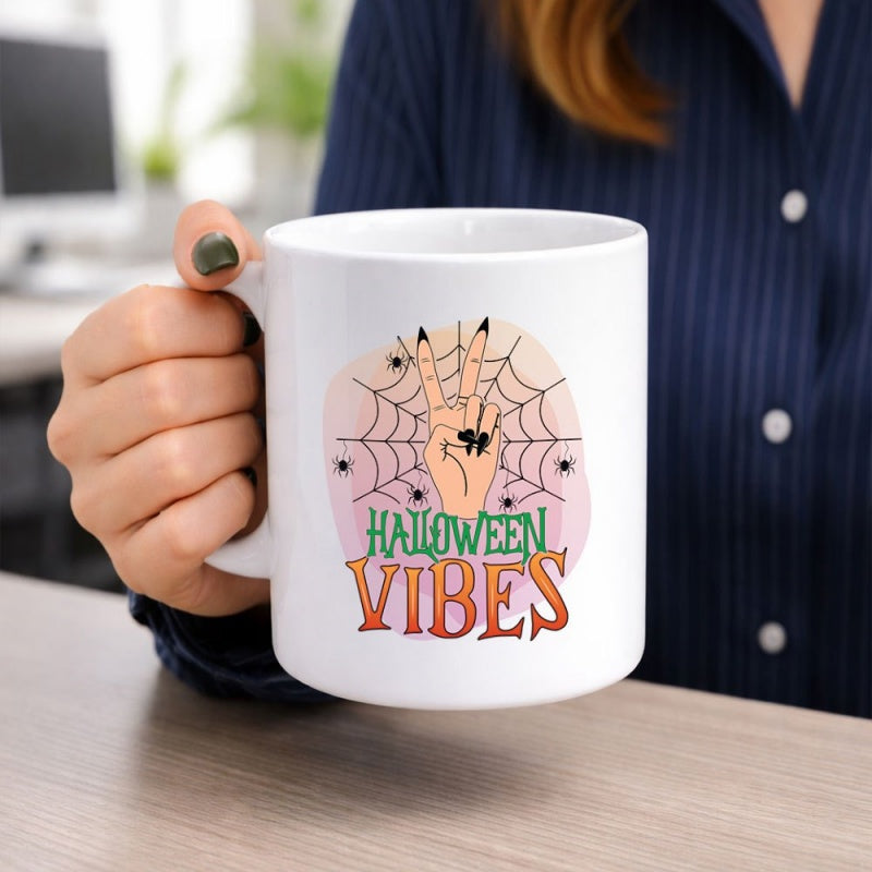 Tailorly White Ceramic 11 oz Mug - Halloween Vibes Spooky Spider Web Background With Small Spiders And A Peace Sign Hand