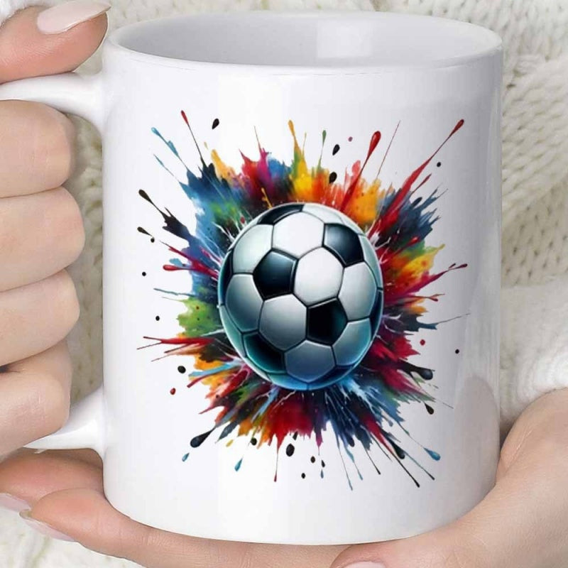 Tailorly White Ceramic 11 oz Mug - Vibrant Multi Colored Paint Splash Effect Behind A Classic Soccer Ball