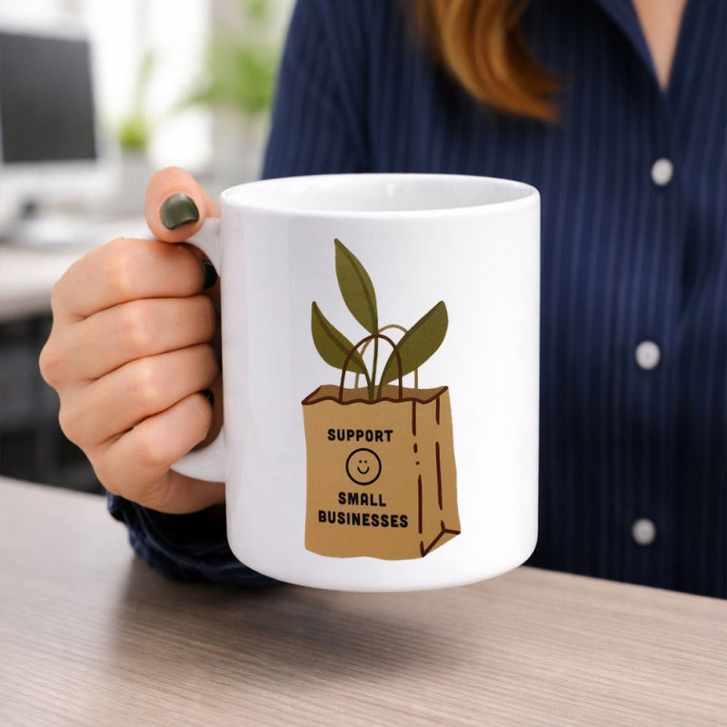 Tailorly White Ceramic 11 oz Mug - Support Small Businesses Simple Brown Paper Shopping Bag Featuring Green Leaves Bag